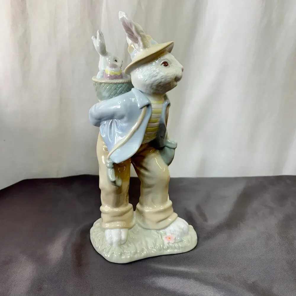 Easter Rabbit Baby Bunny Basket Ceramic Figurine Decor Glossy Pastel 10.75